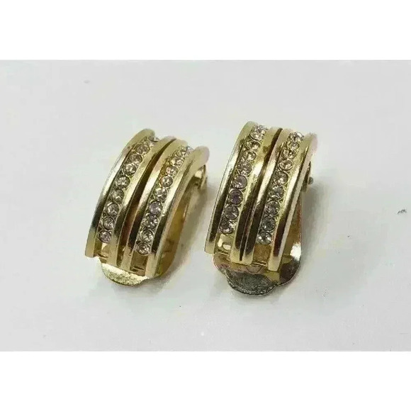 Vintage Hanae Mori Chanter Paris Clip Gold Rhinestone Earrings - Picture 7 of 11